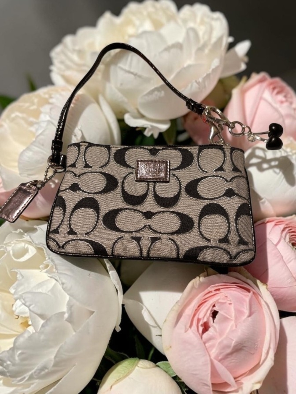 Coach Signature Poppy Canvas Wristlet in Black and Taupe